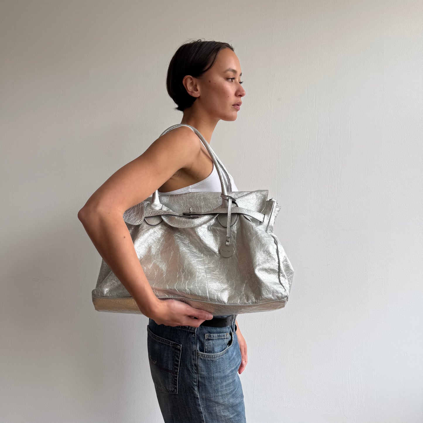 Silver leather ‘firkin’ bag - One Size
