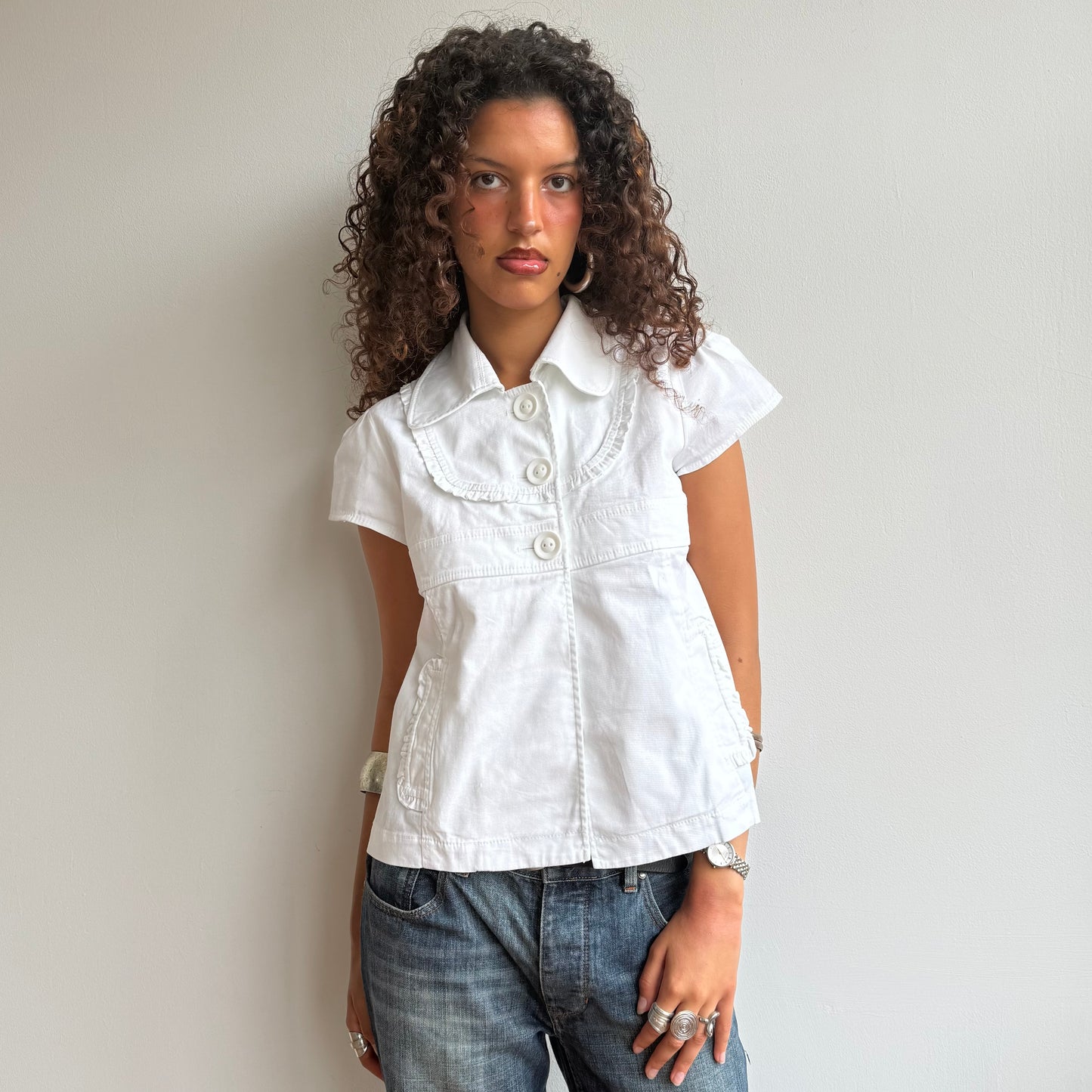 White short sleeve ruffle peacoat - Size L