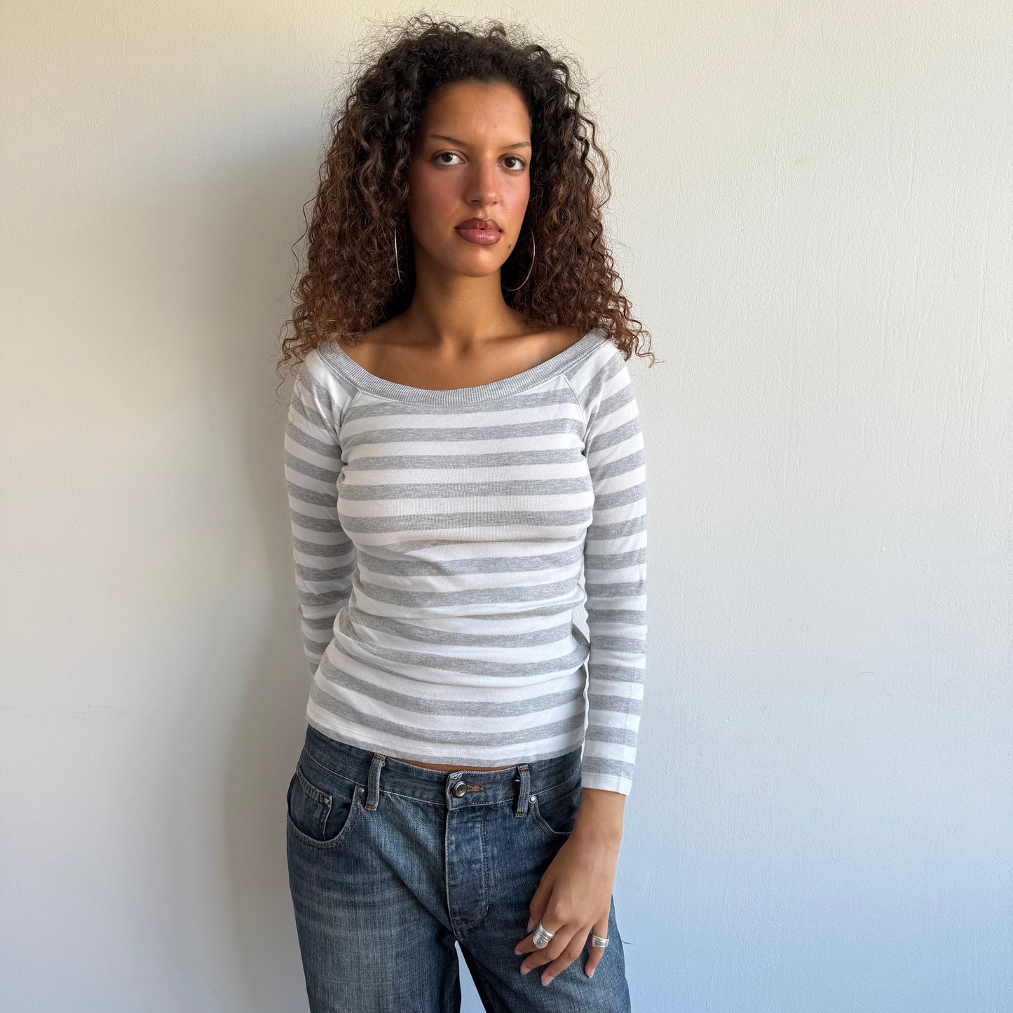 Grey + white striped bardot top - Size S