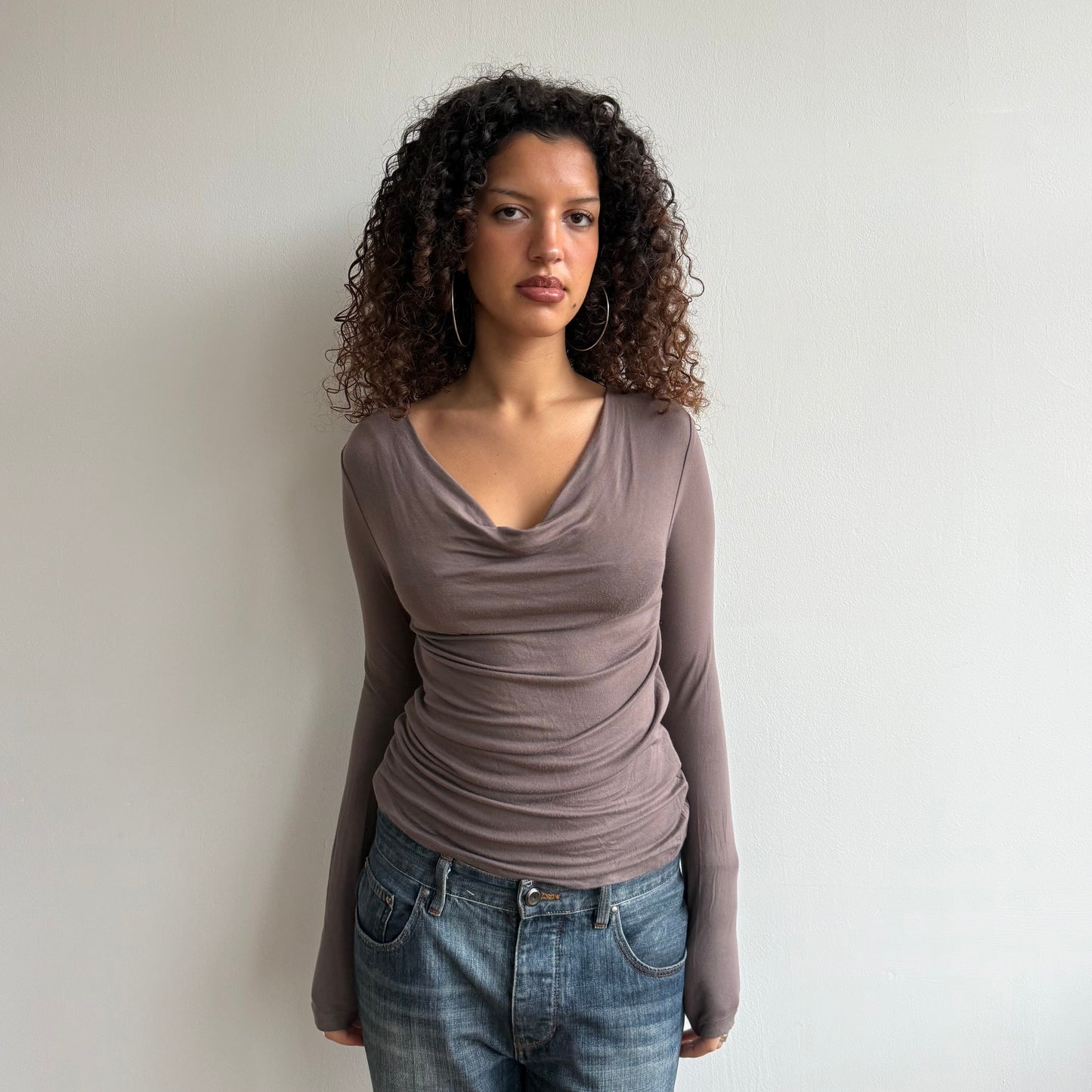 Taupe slouchy long sleeve cowl top - Size S/M