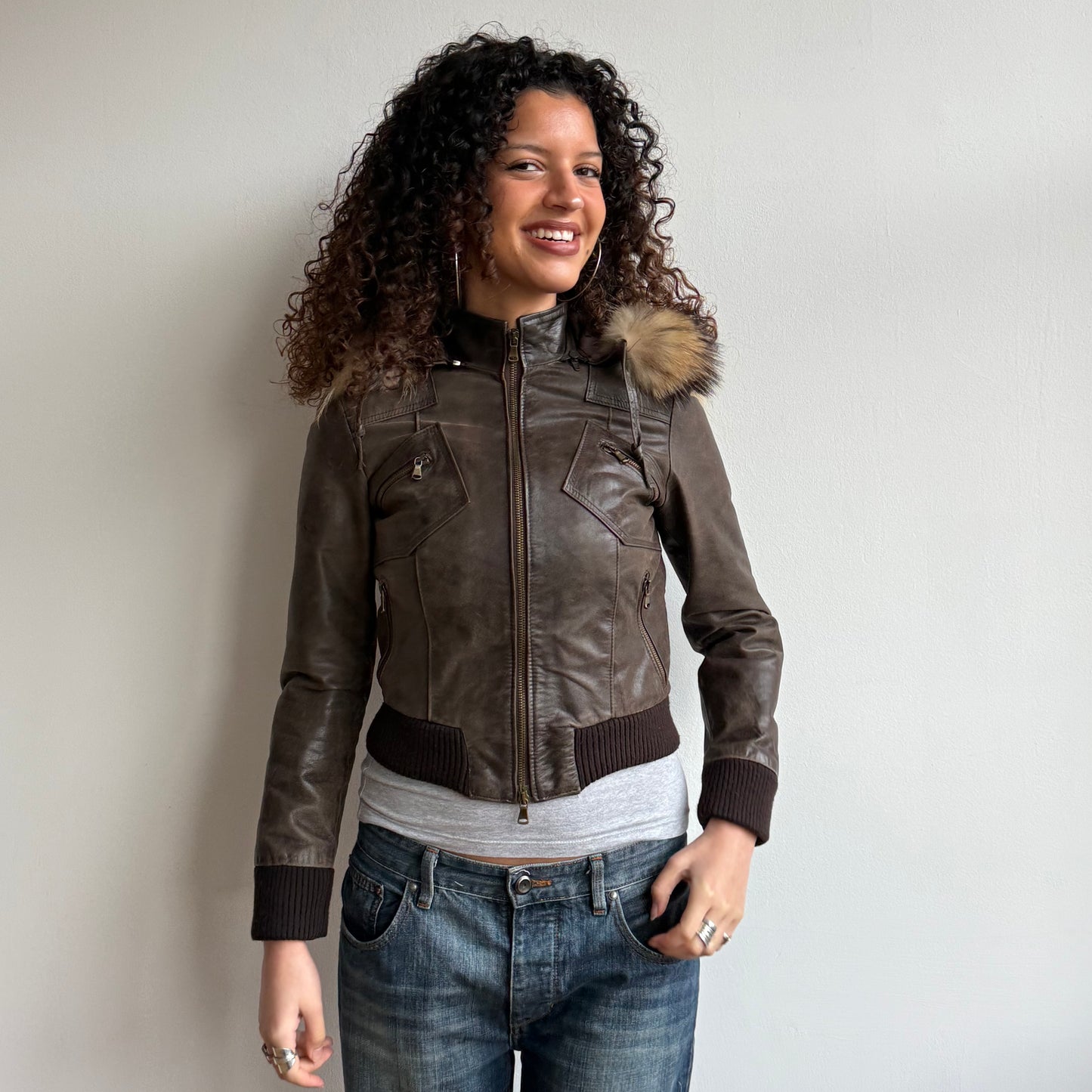 Brown leather fur hood bomber - Size S