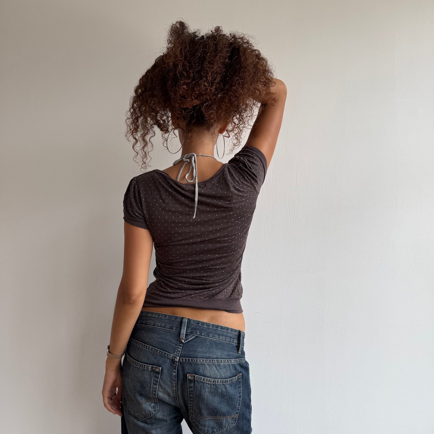 Brown polka dot striped halter top - Size S-M