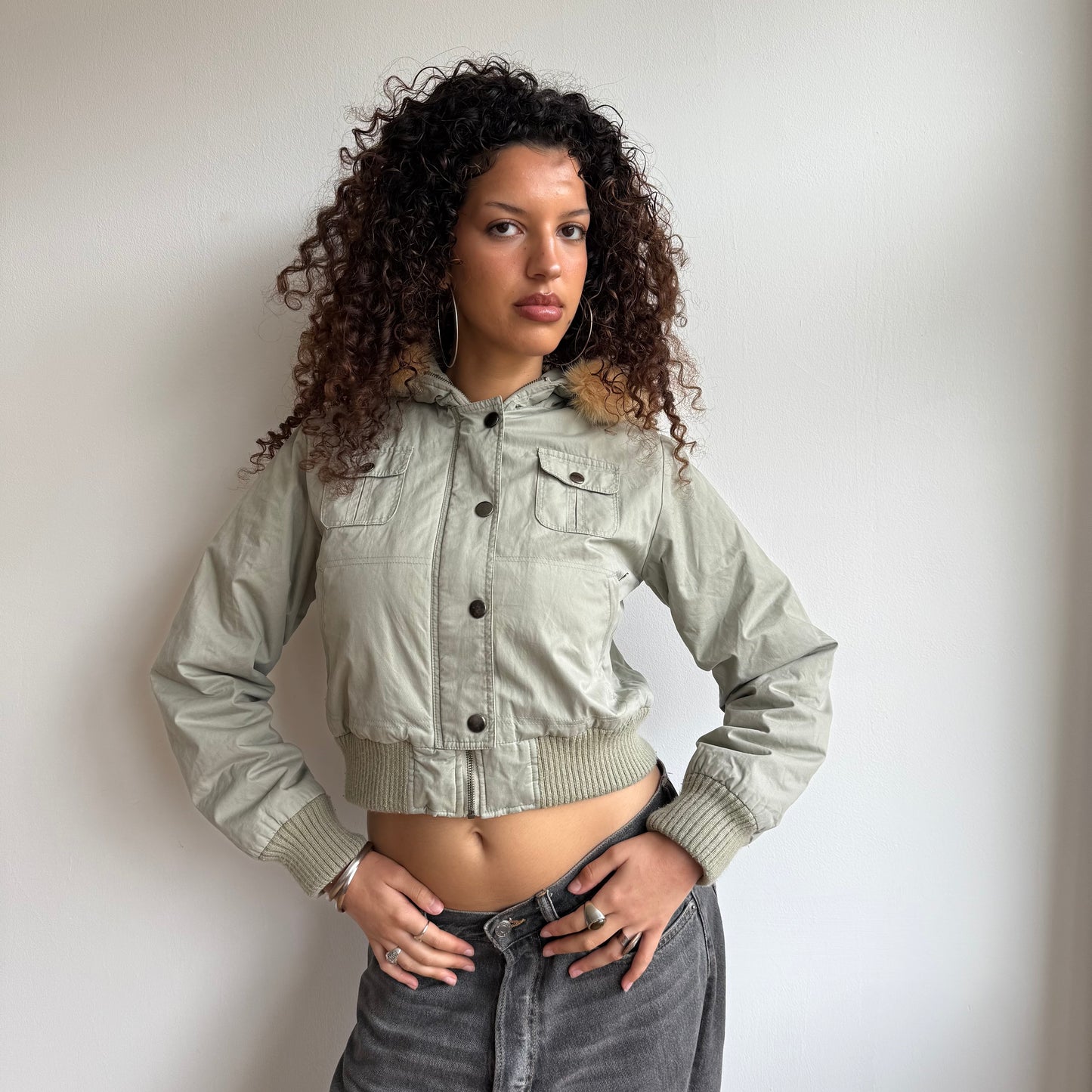 Khaki puffer fur hood - Size S