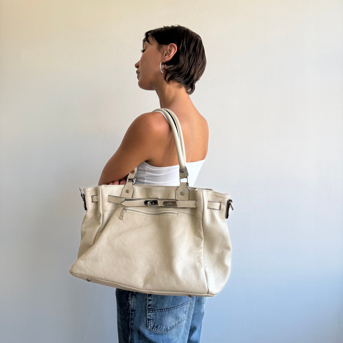 Cream leather firkin bag - One Size