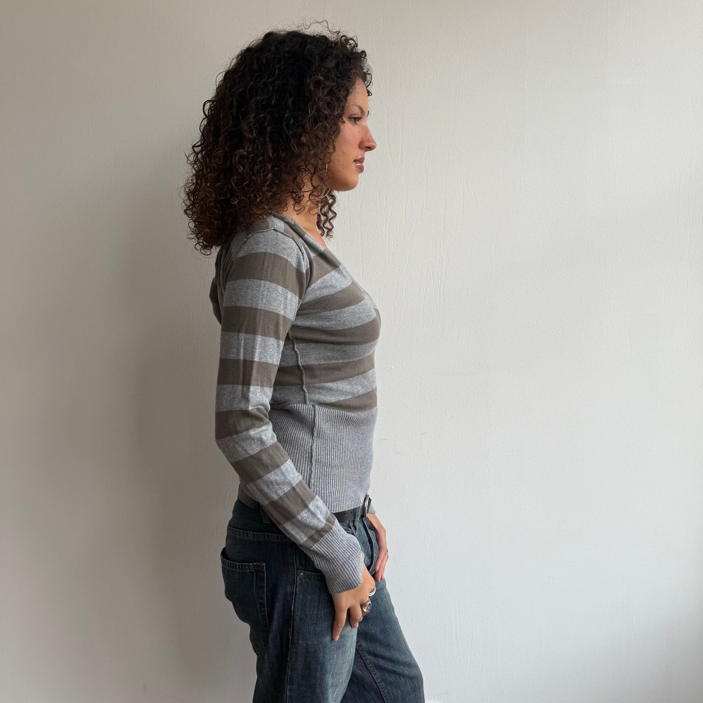 Grey + khaki striped knit hoodie - Size S/M + L