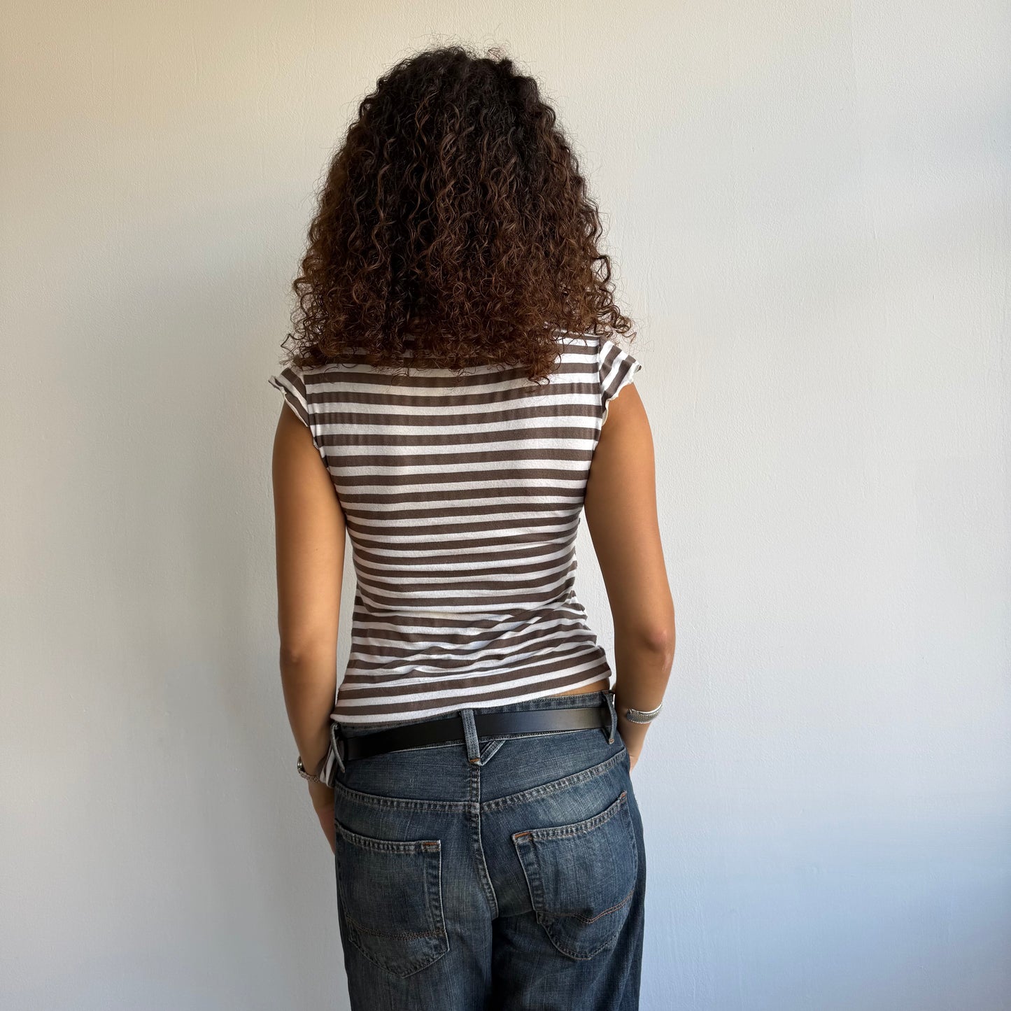 Brown + white stripe wrap top - Size M + L