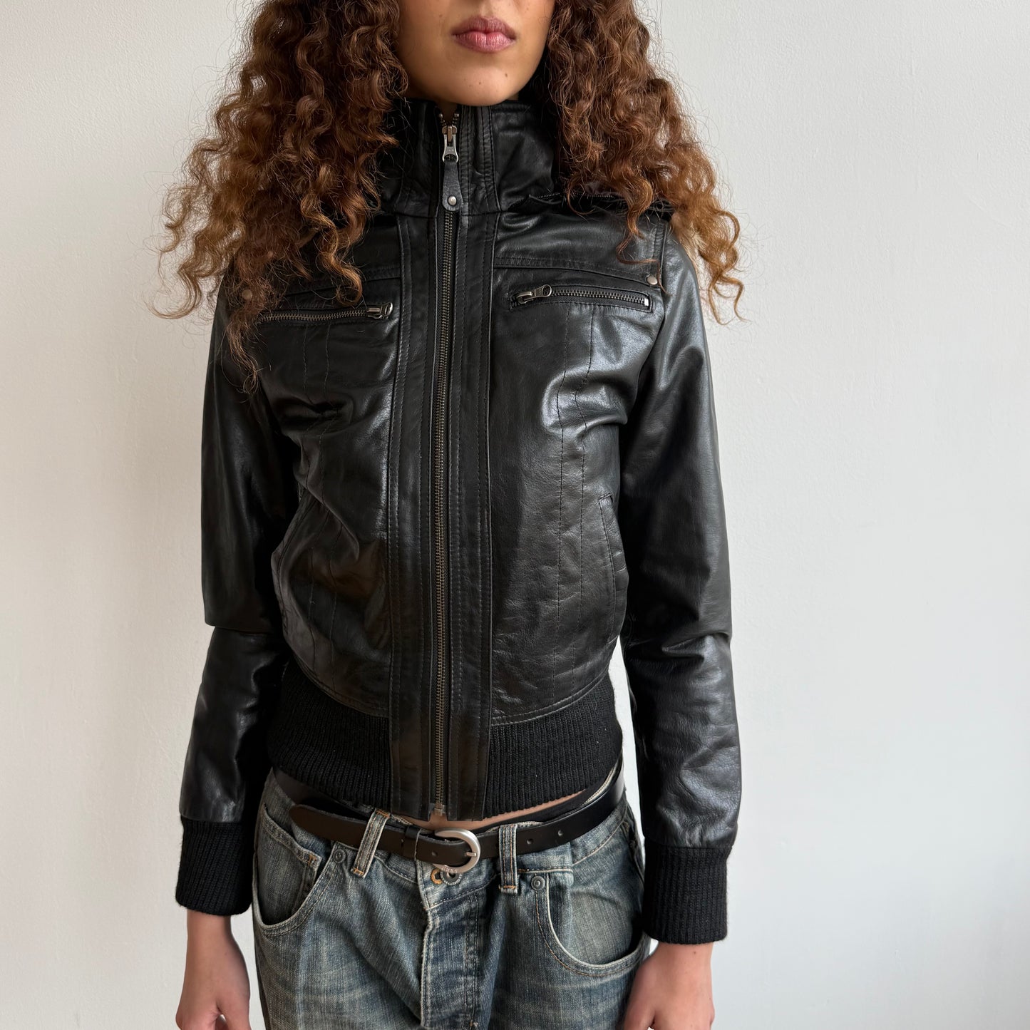Black leather fur hood bomber - Size S