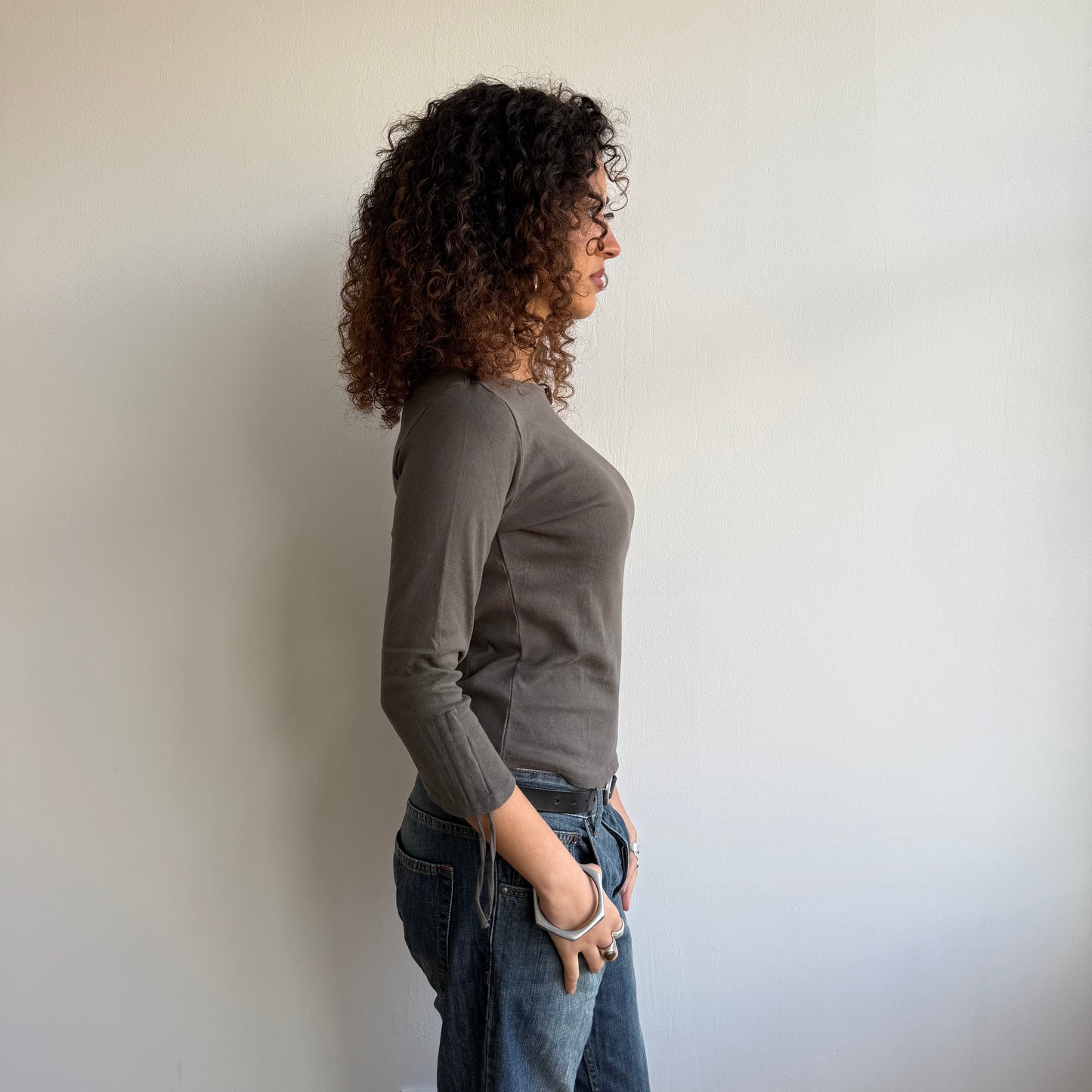 Khaki 3/4 sleeve ruched top - Size M