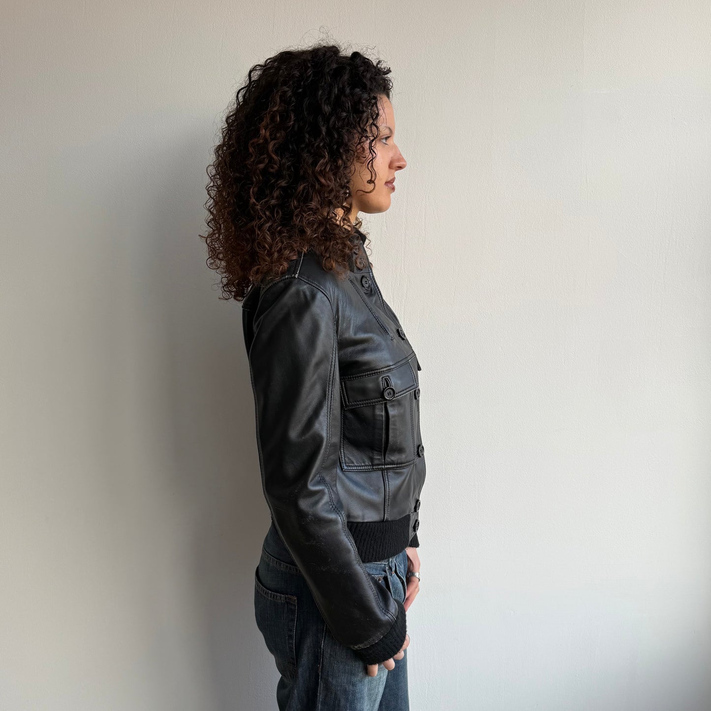 Black leather cargo bomber - Size M