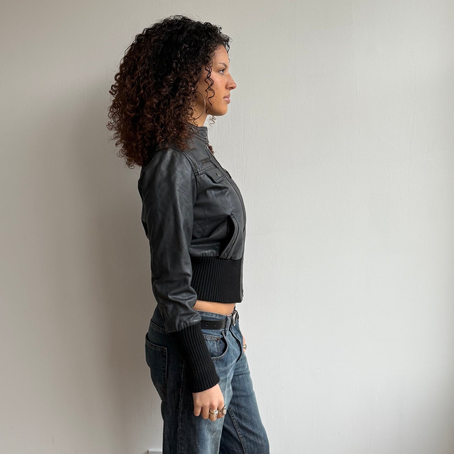 Charcoal leather bomber jacket - Size S/M