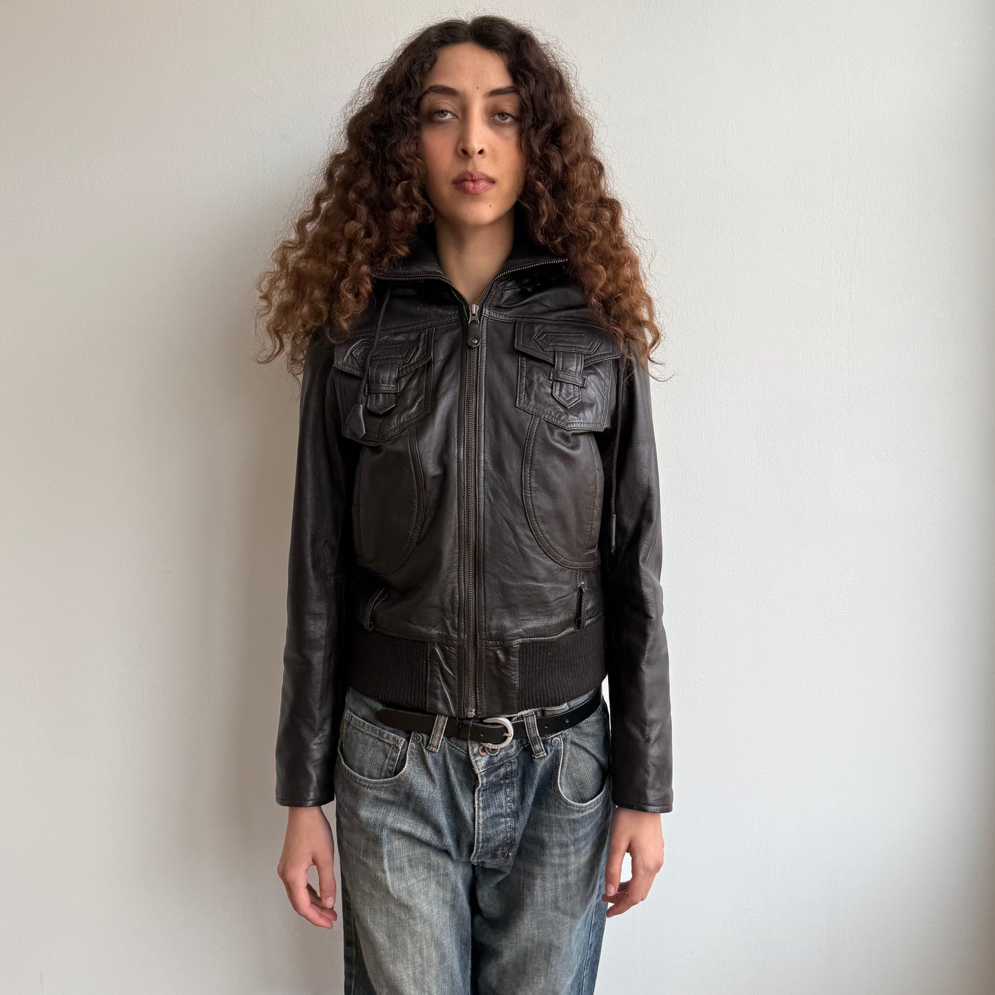 Brown leather fur hood bomber with belt - Size M