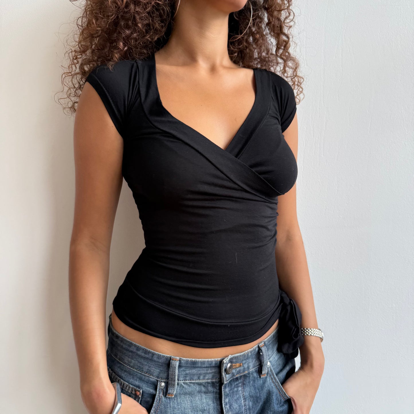 Black wrap tie side top - Size S