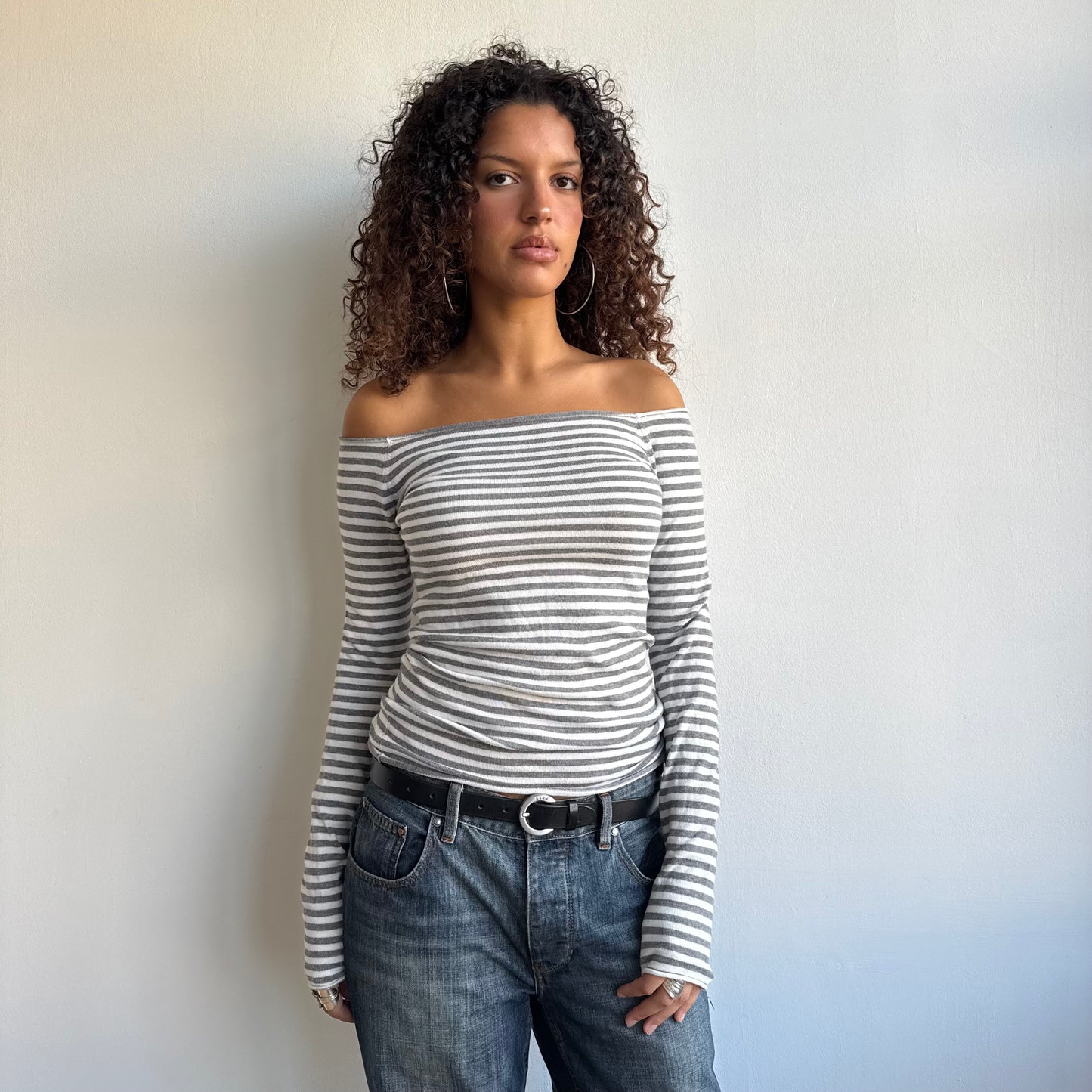 Grey + white striped Bardot top - Size S/M