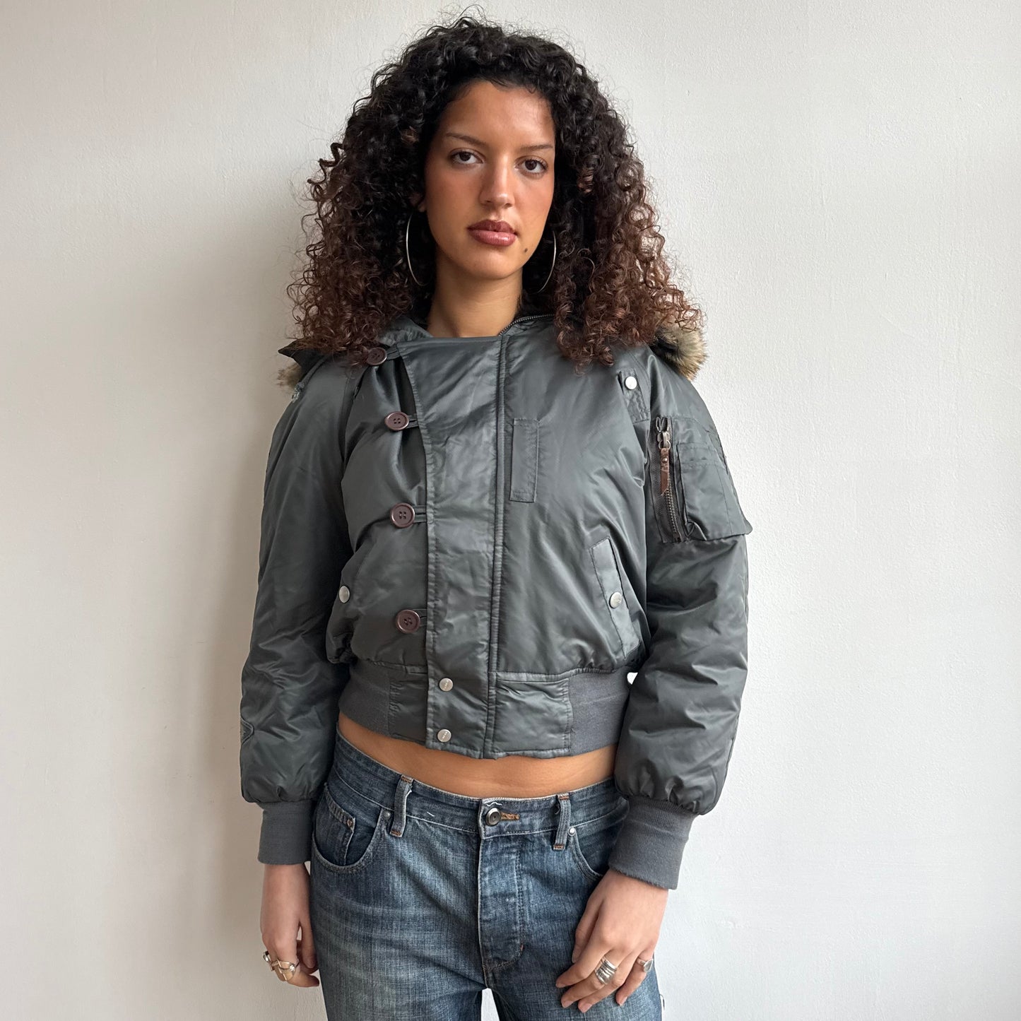 Petrol blue faux fur hooded bomber - Size M