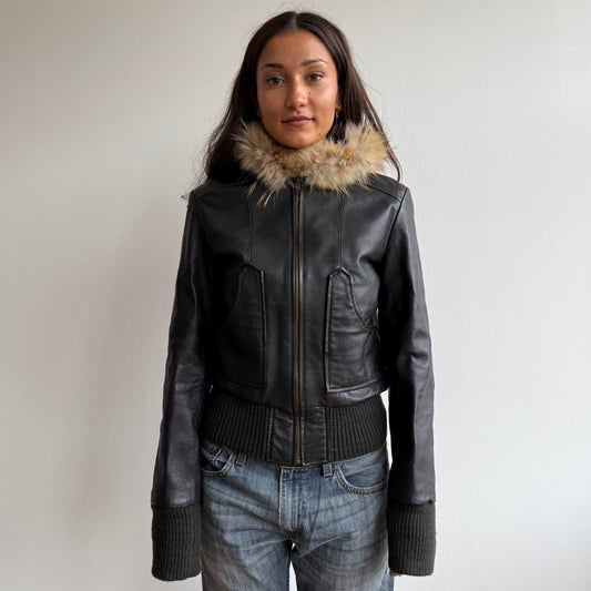 Black leather fur hood bomber - Size S