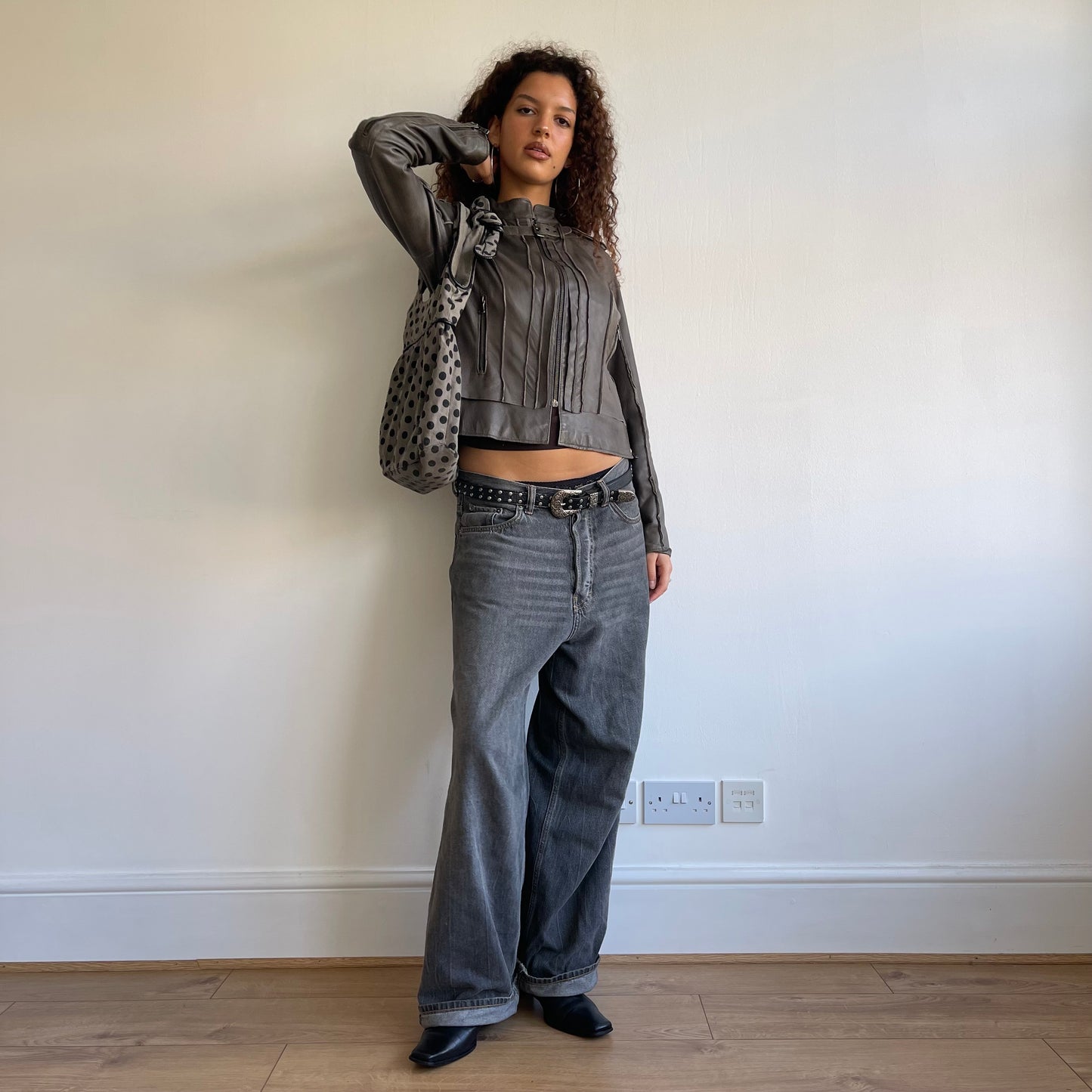 Grey leather moto jacket - Size S