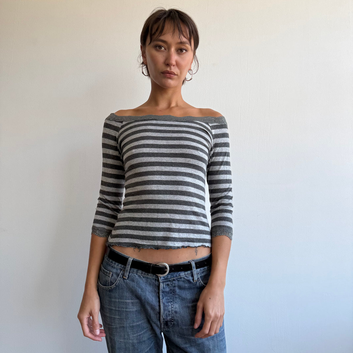 Grey striped lace 3/4 sleeve top - Size S
