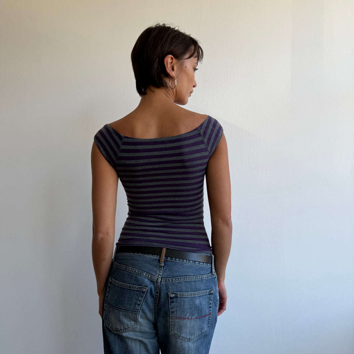 Purple + grey striped button top - Size XS