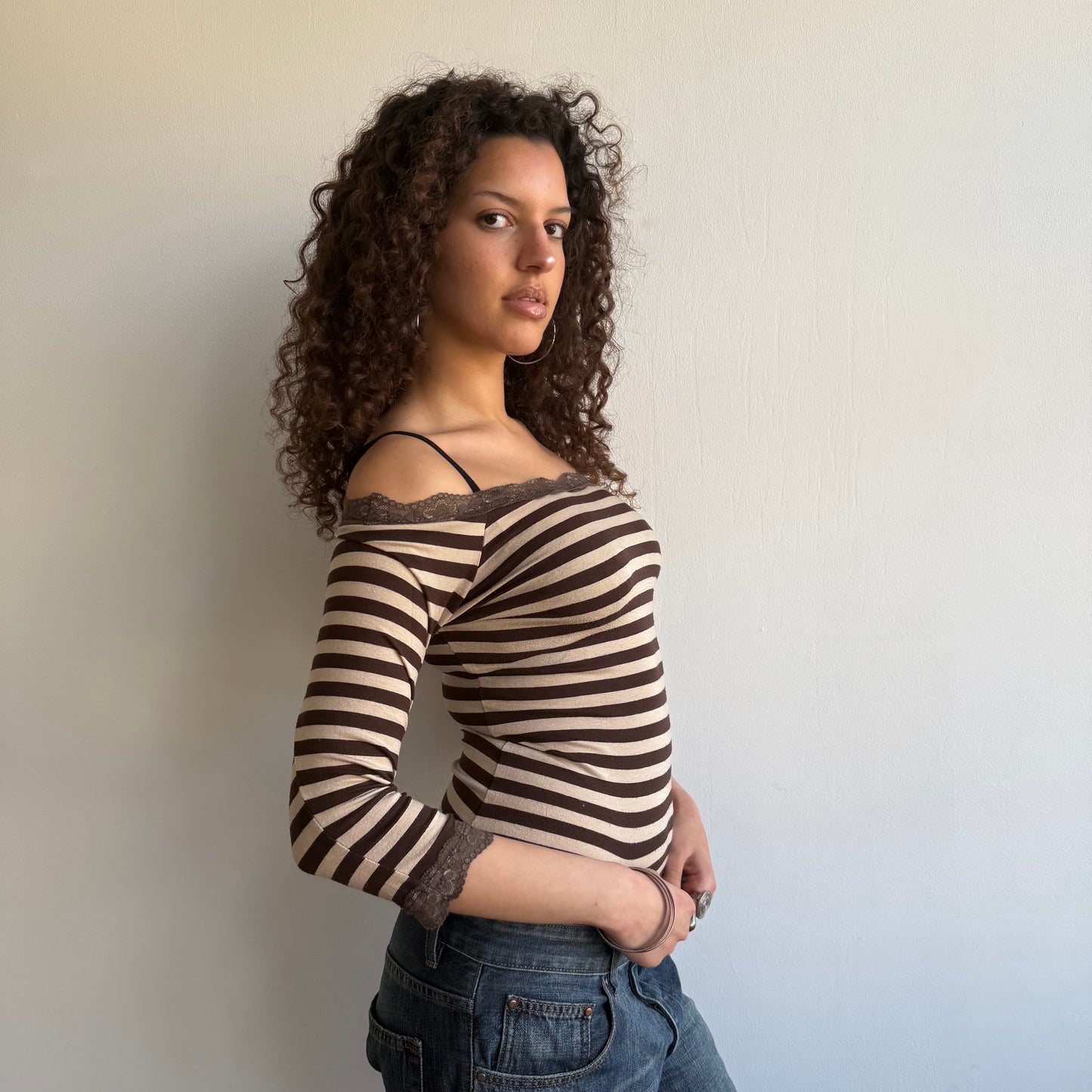 Beige striped Bardot top - Size S