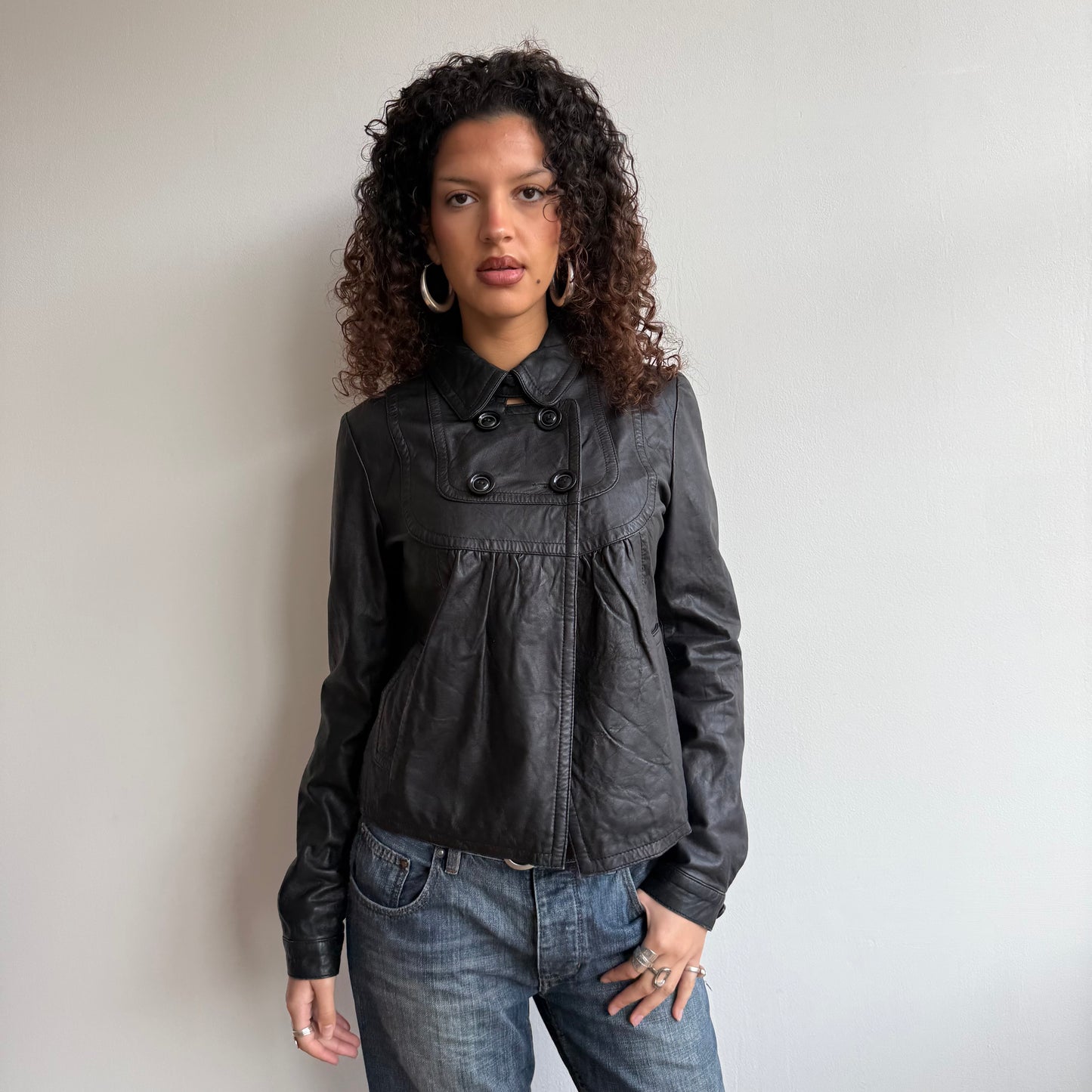 Black leather peacoat - Size M