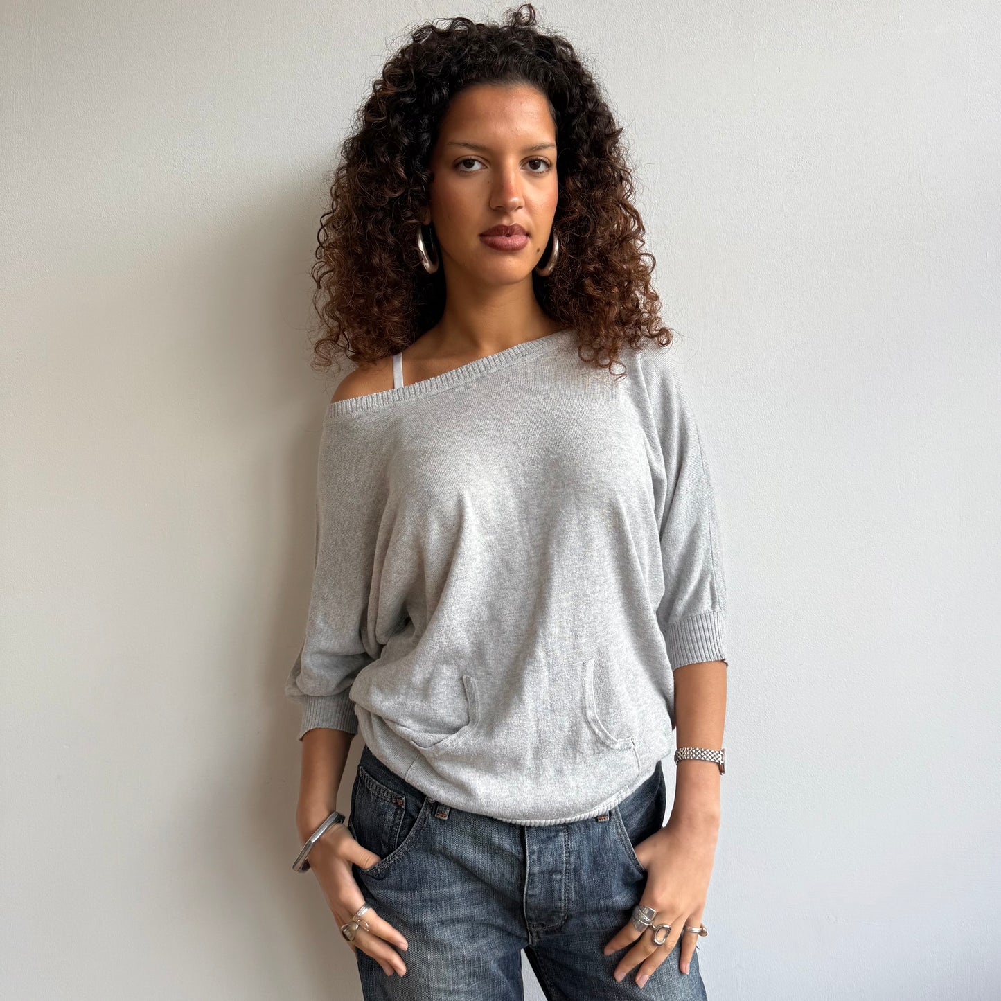 Grey short sleeve pocket slouchy knit - Size M