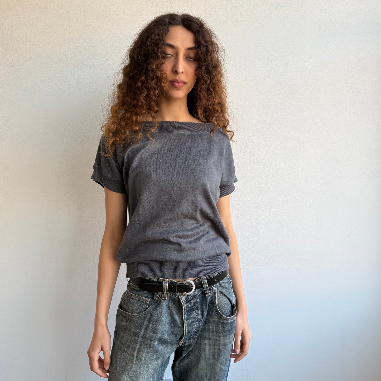 Charcoal short sleeve slouchy knit - Size S