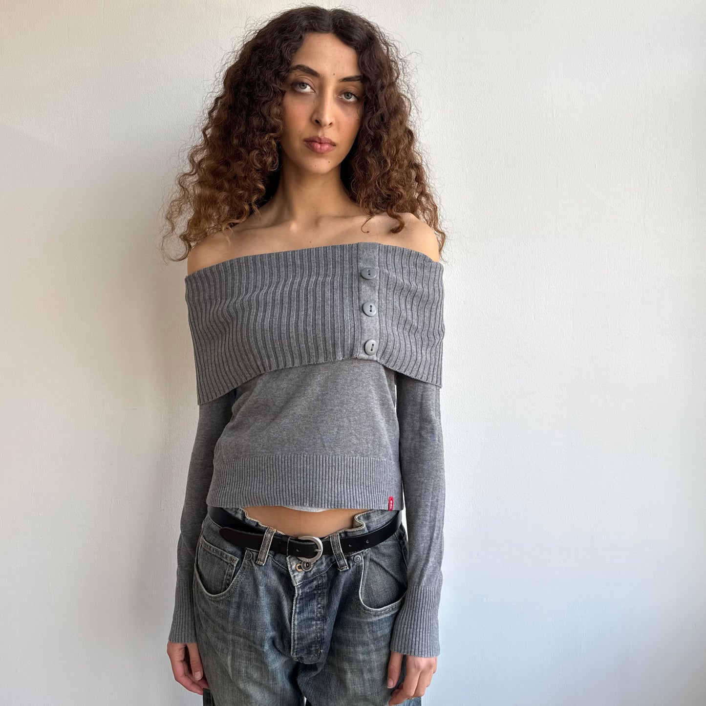 Grey bardot button knit jumper - Size S