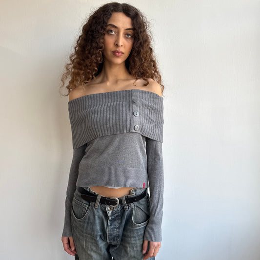 Grey bardot button knit jumper - Size S