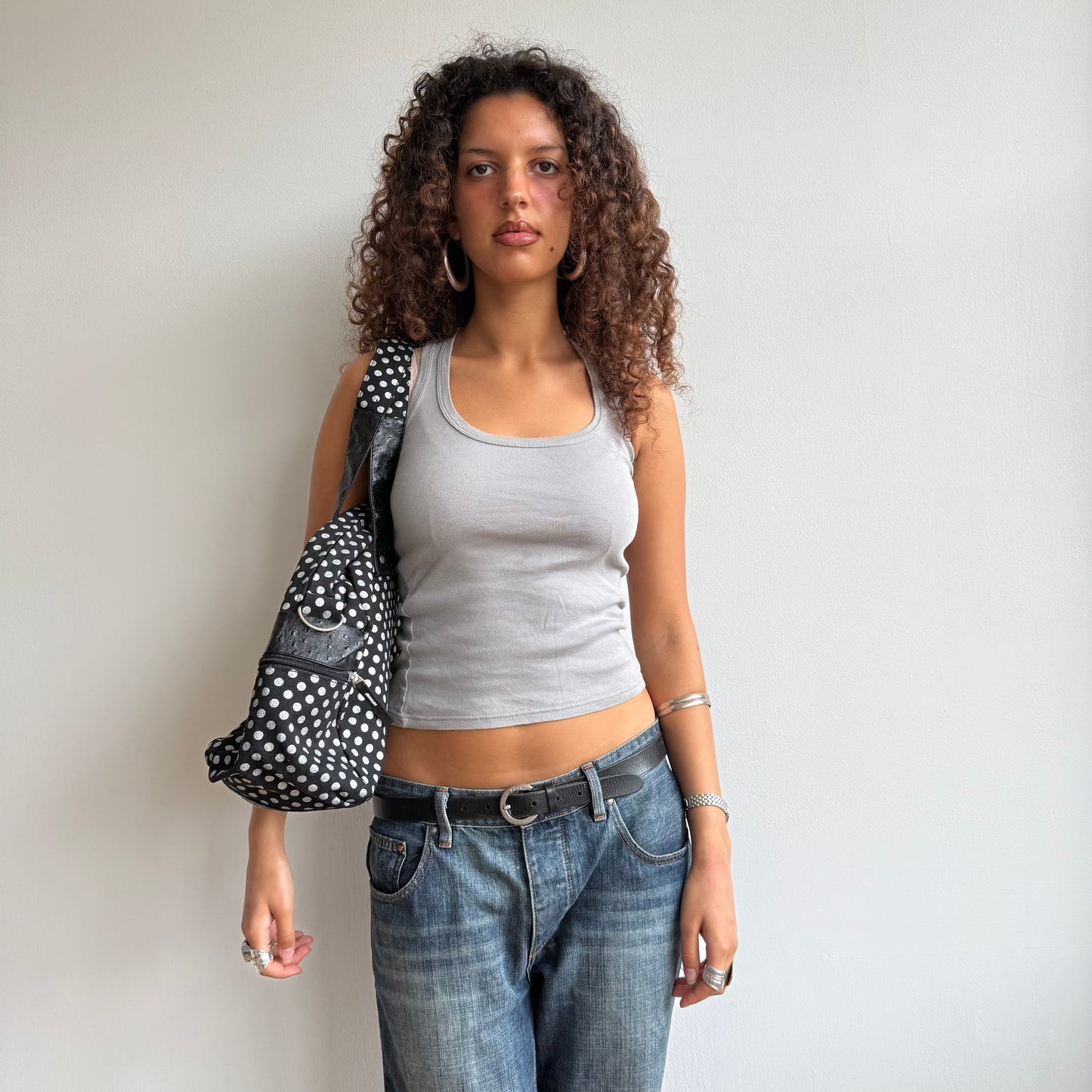 Black polka dot bowling bag