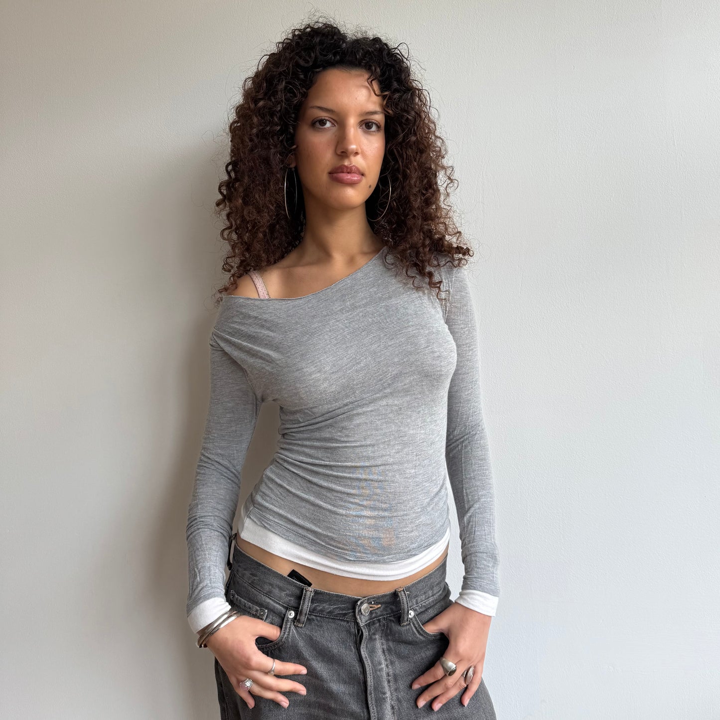 Grey double layer fine knit top - Size S + M