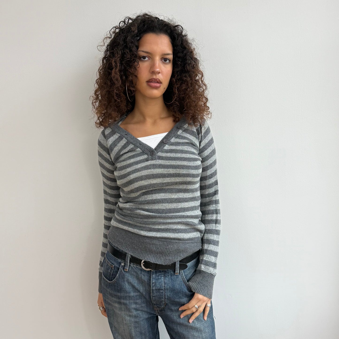 Grey striped knit hoodie - Size S