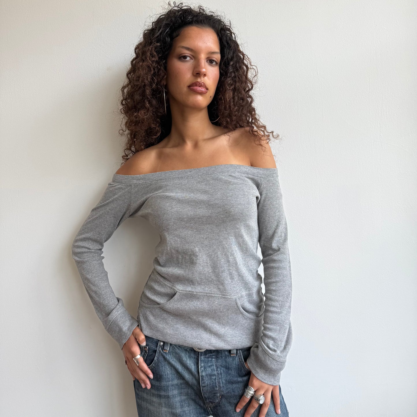 Grey pocket bardot top - Size M