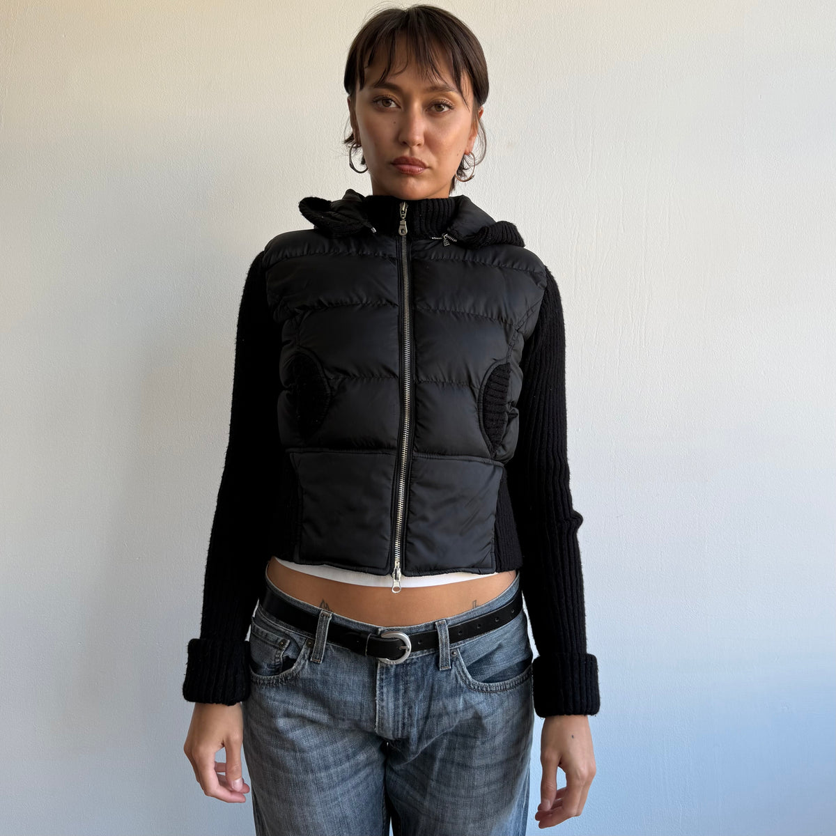 Black bi-material puffer coat - Size S