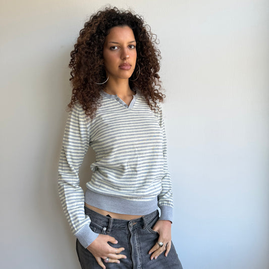 Grey + yellow striped knit jumper - Size M
