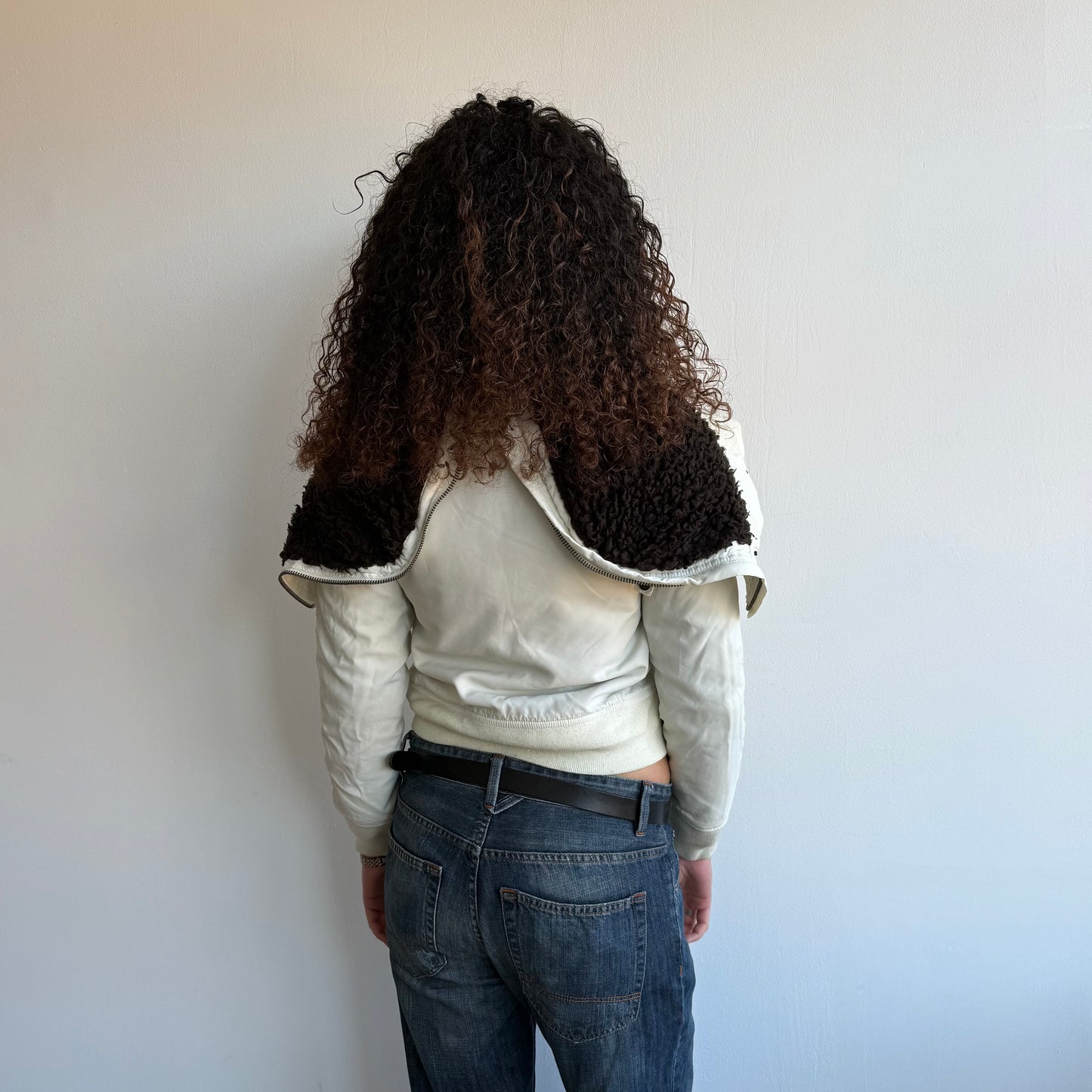 White fur hood cargo bomber - Size S