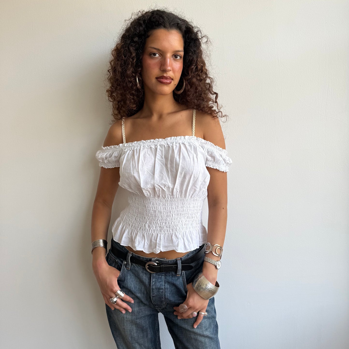 White ruched milkmaid top - Size S