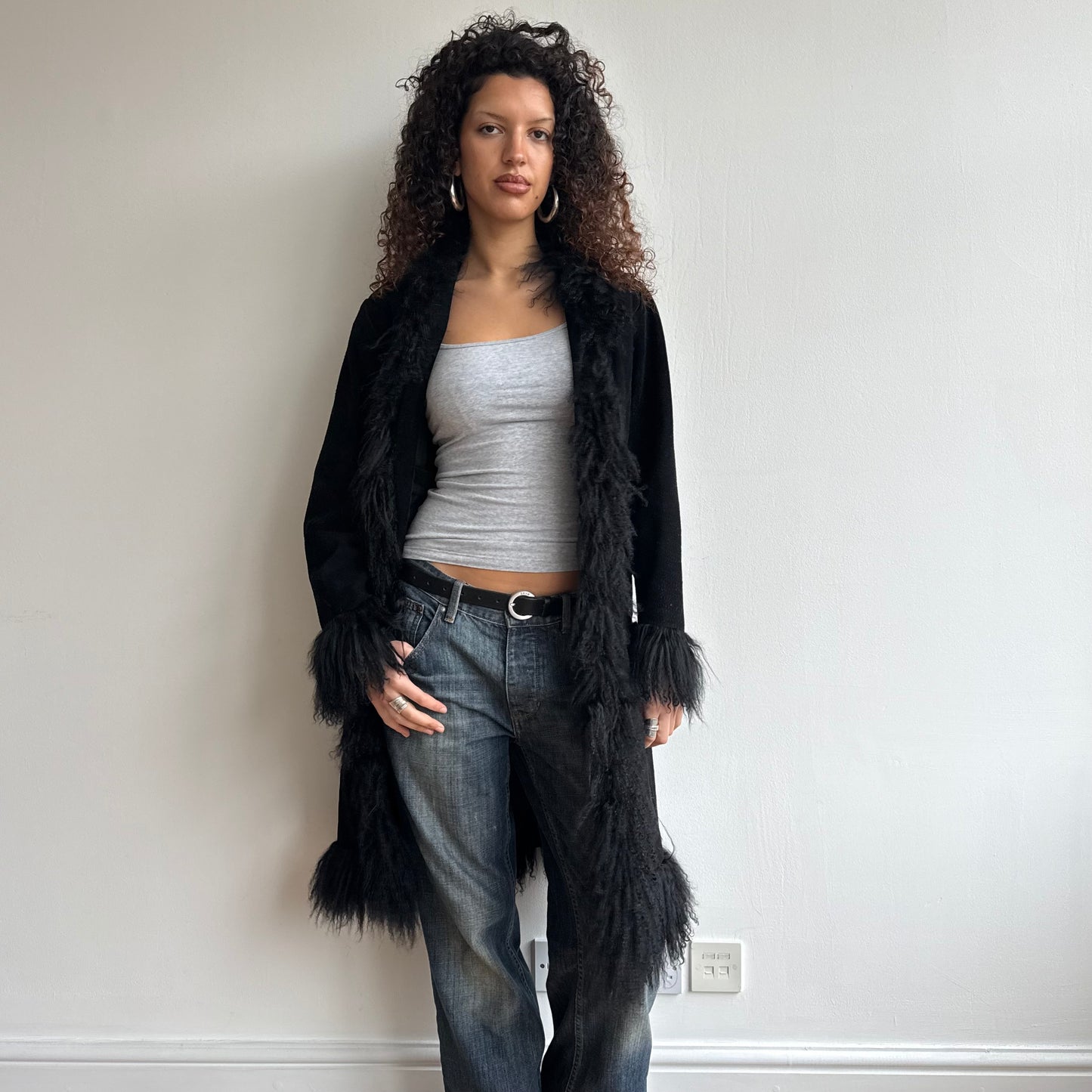 Black fur trim afghan coat - Size S/M
