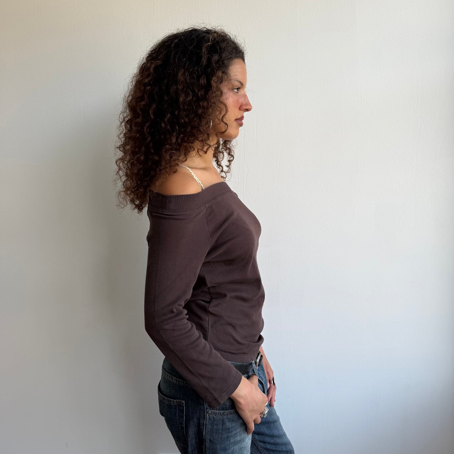 Brown bardot 3/4 sleeve top - Size S