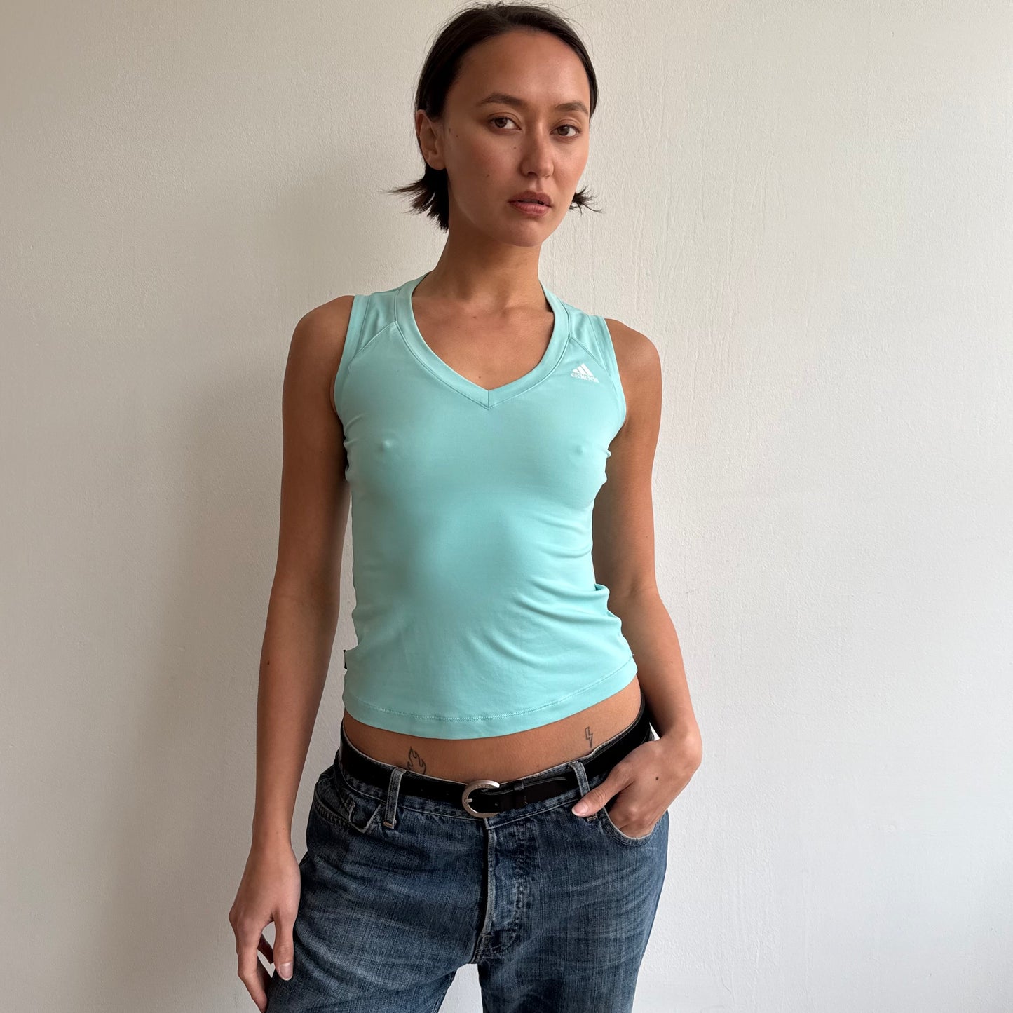 Turquoise Adidas v-neck top - Size S
