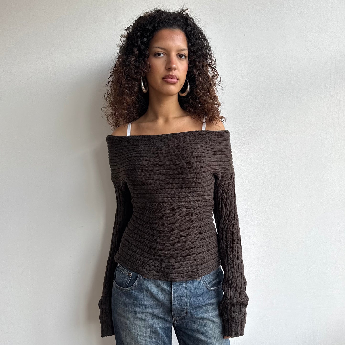 Brown chunky knit Bardot jumper - Size M
