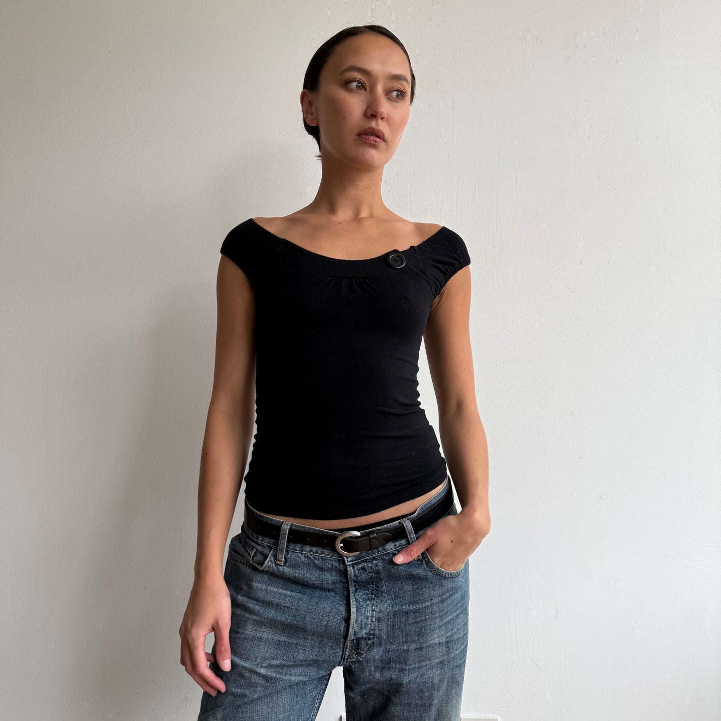 Black button bardot top - Size XS + S