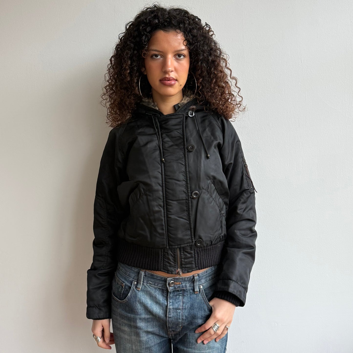 Black real fur hood bomber - Size S
