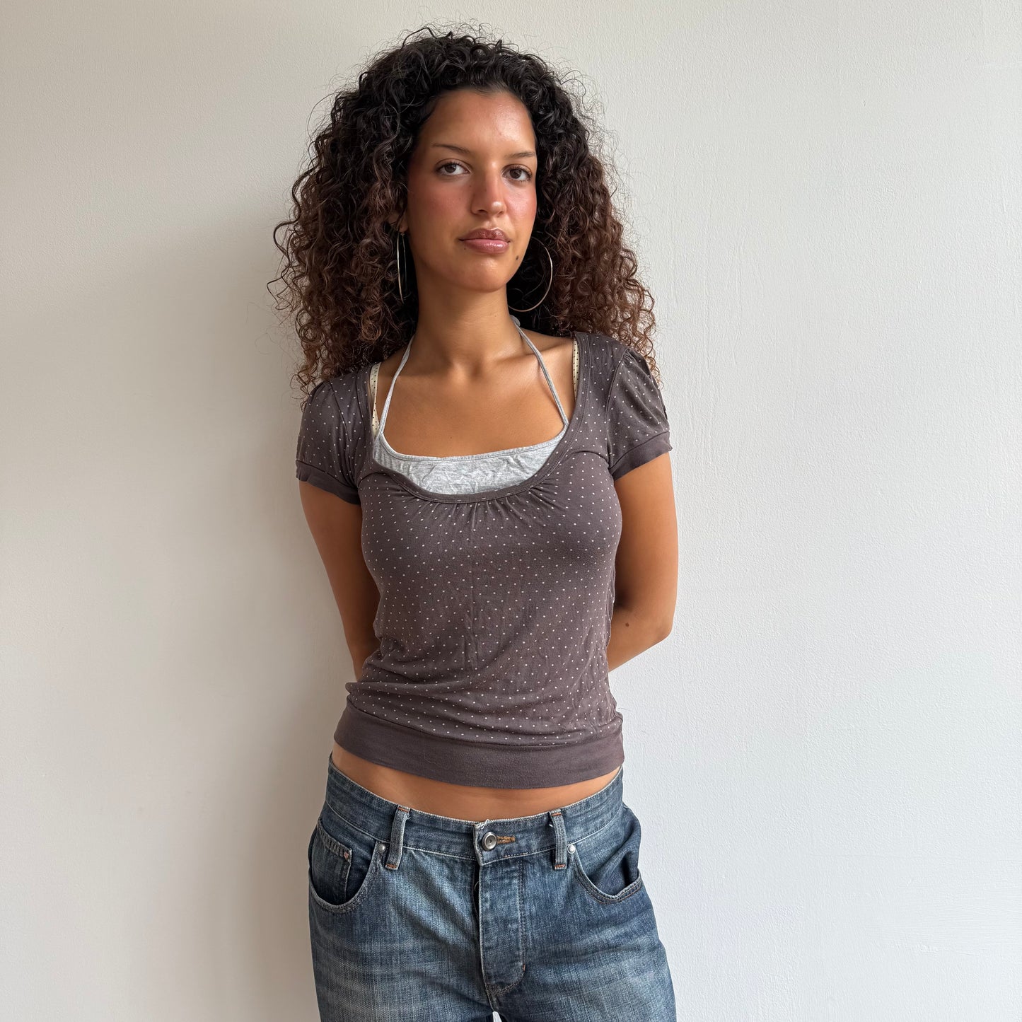 Brown polka dot striped halter top - Size S-M