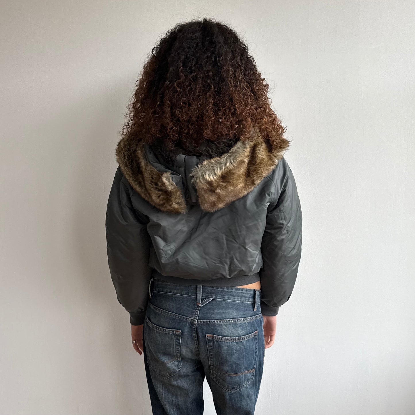 Petrol blue faux fur hooded bomber - Size M