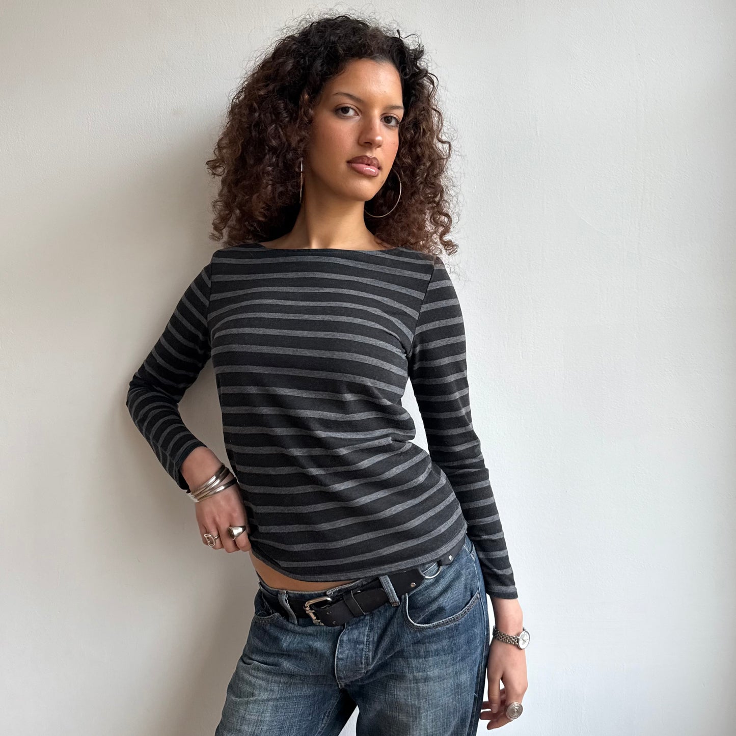 Black + grey striped long sleeve - Size S