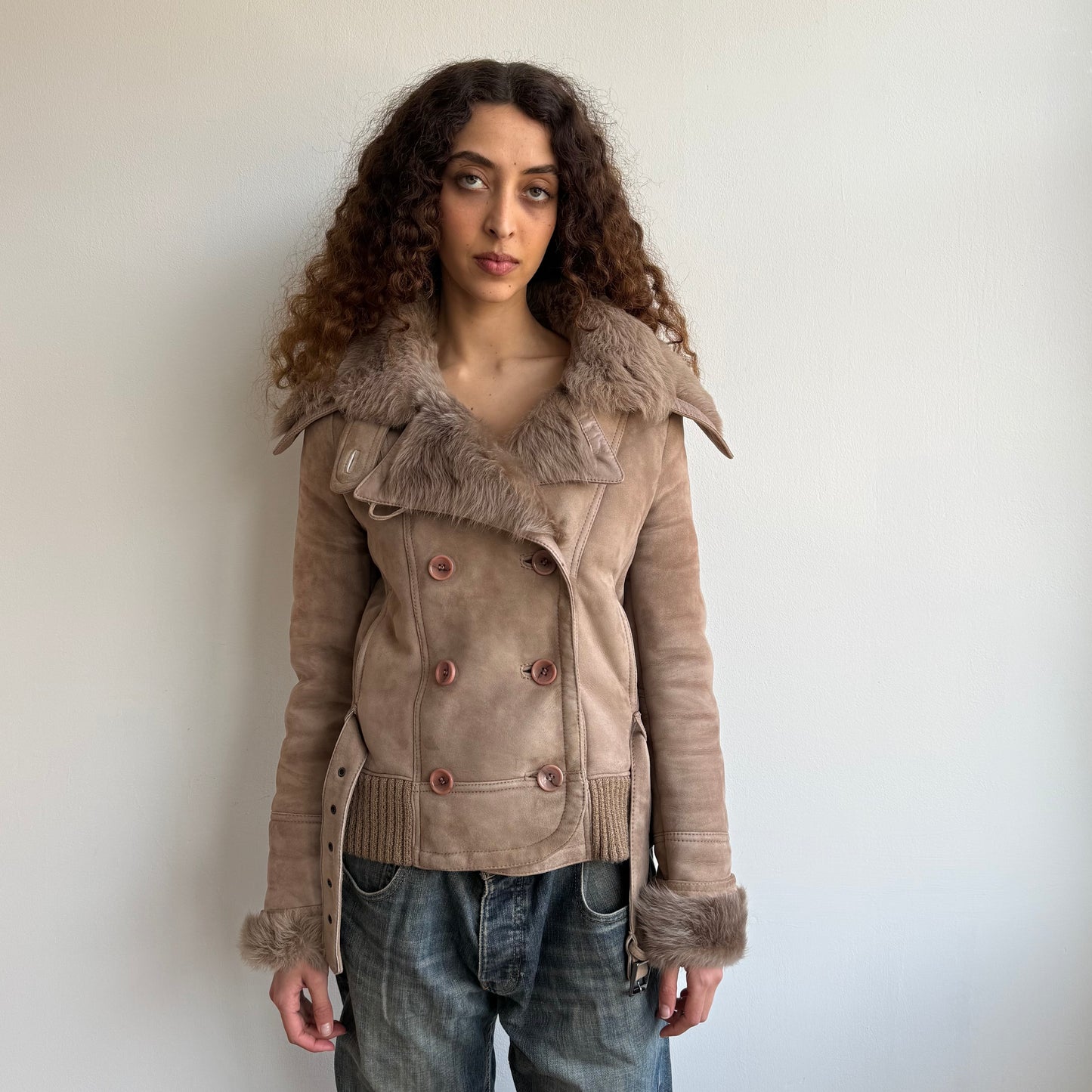 Tan fur suede peacoat - Size S/M