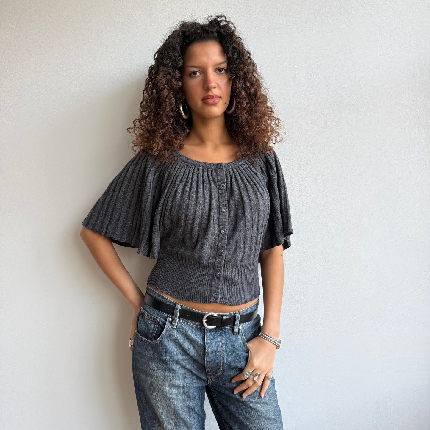 Dark grey button batwing knit - Size S/M