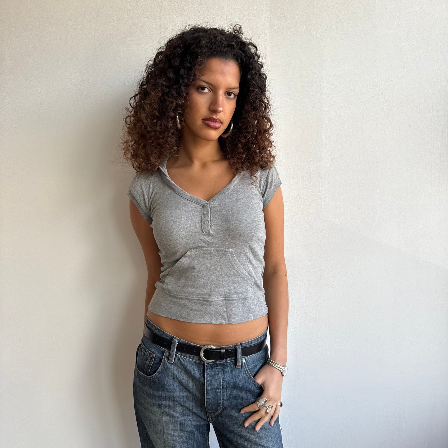 Grey short sleeve hooded top - Size XS