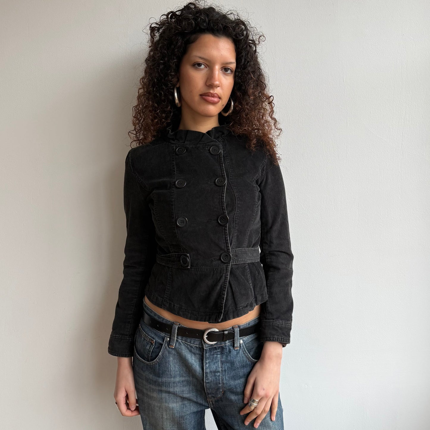 Black corduroy ruffle peacoat - Size S