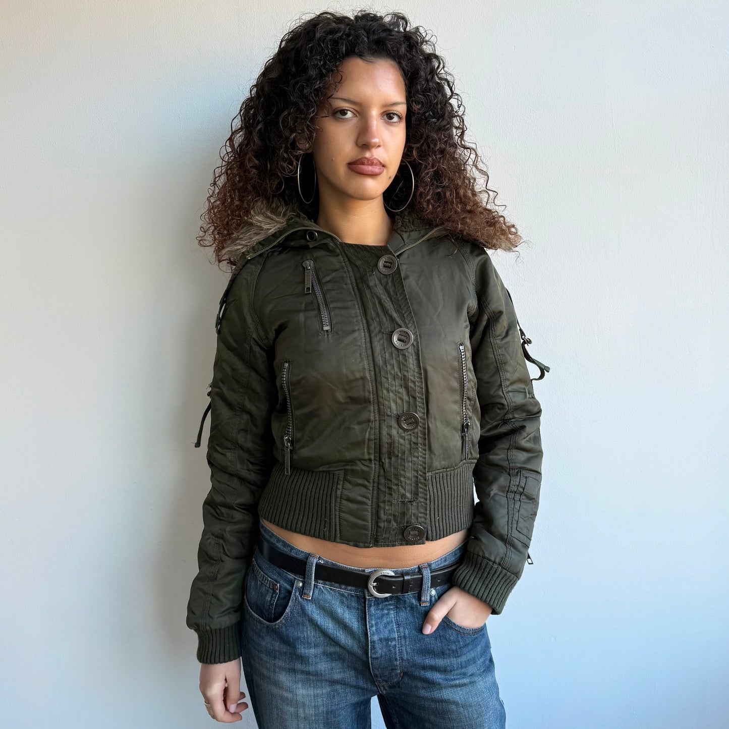 Khaki faux fur hood bomber - Size S